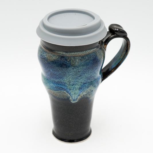Handmade Pottery Travel Mug: 20 Ounce Ceramic Coffee Mug Lidded and Thumb Buttoned Handle