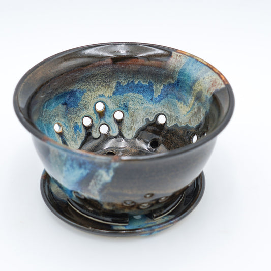 Stoneware Berry Bowl and Saucer: Colorful Glaze Style Wheel Thrown Pottery Colander