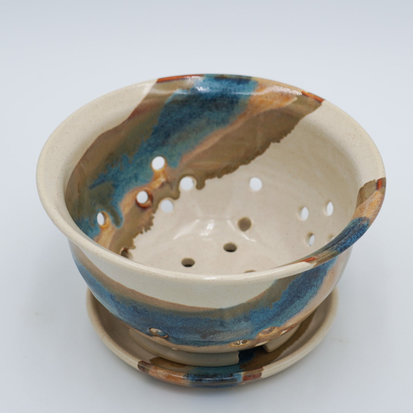 Stoneware Berry Bowl and Saucer: Colorful Glaze Style Wheel Thrown Pottery Colander
