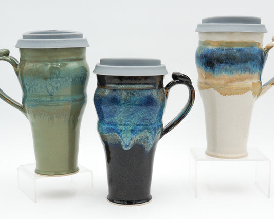 Handmade Pottery Travel Mug: 20 Ounce Ceramic Coffee Mug Lidded and Thumb Buttoned Handle