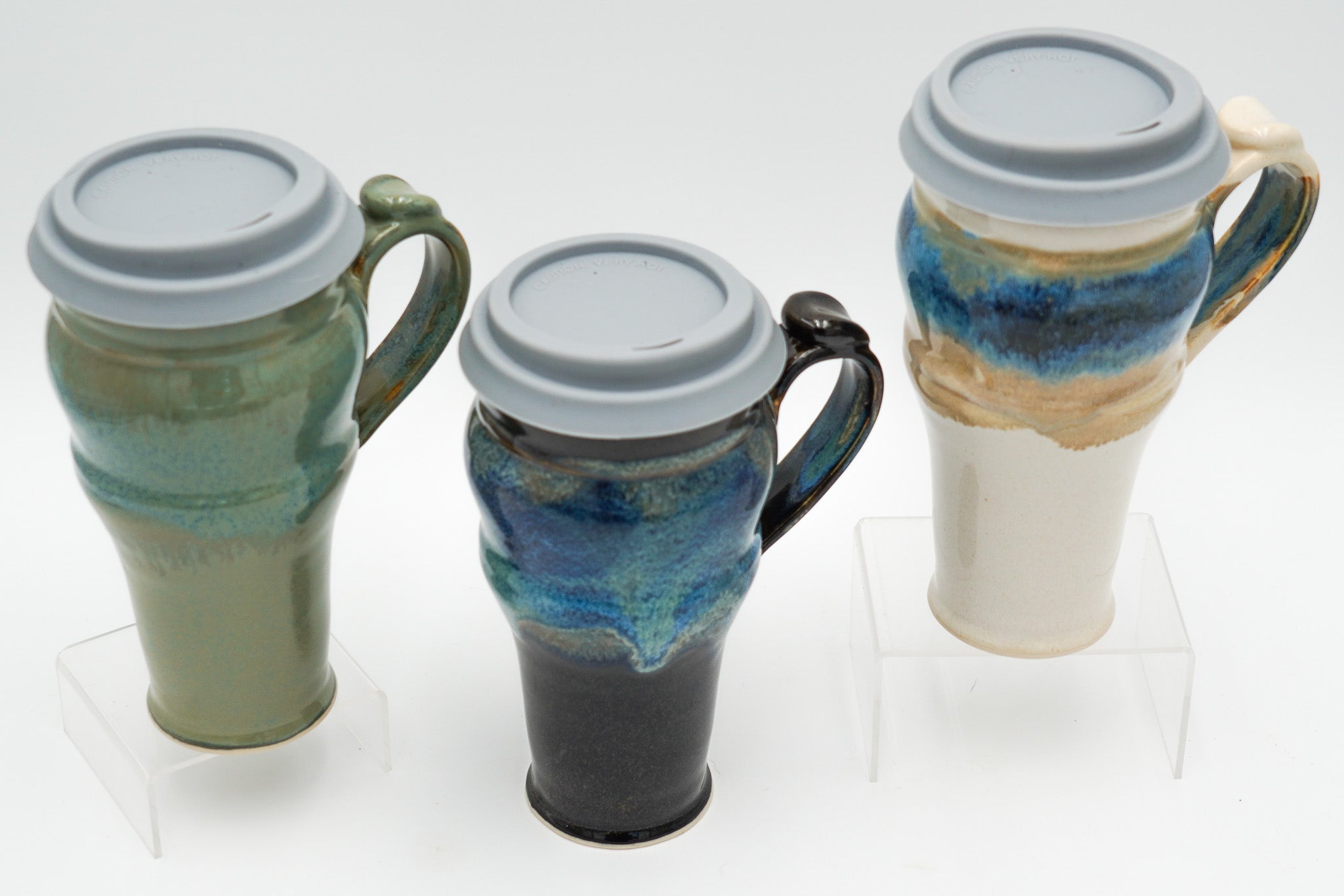 Handmade Pottery Travel Mug: 20 Ounce Ceramic Coffee Mug Lidded and Thumb Buttoned Handle