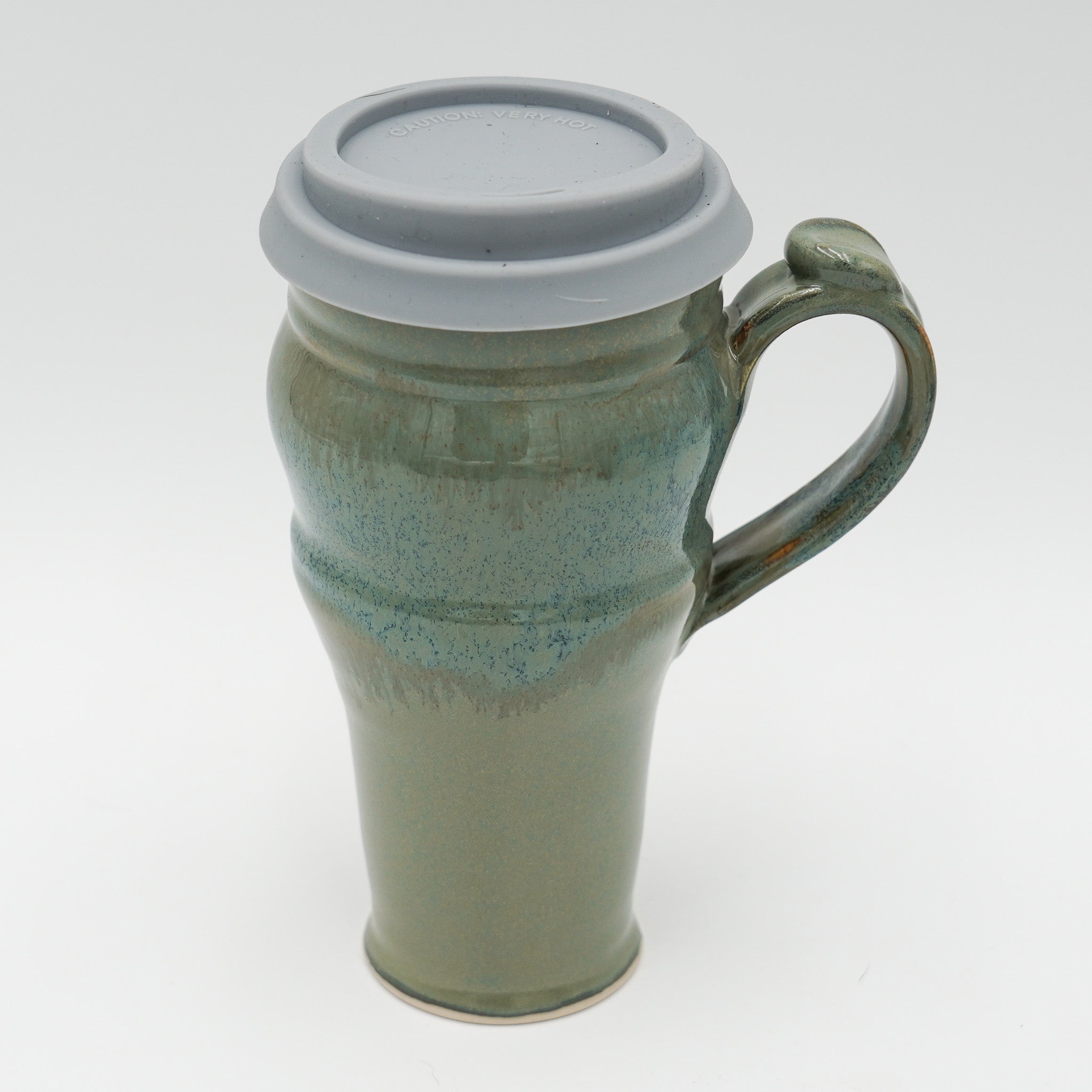 Handmade Pottery Travel Mug: 20 Ounce Ceramic Coffee Mug Lidded and Thumb Buttoned Handle