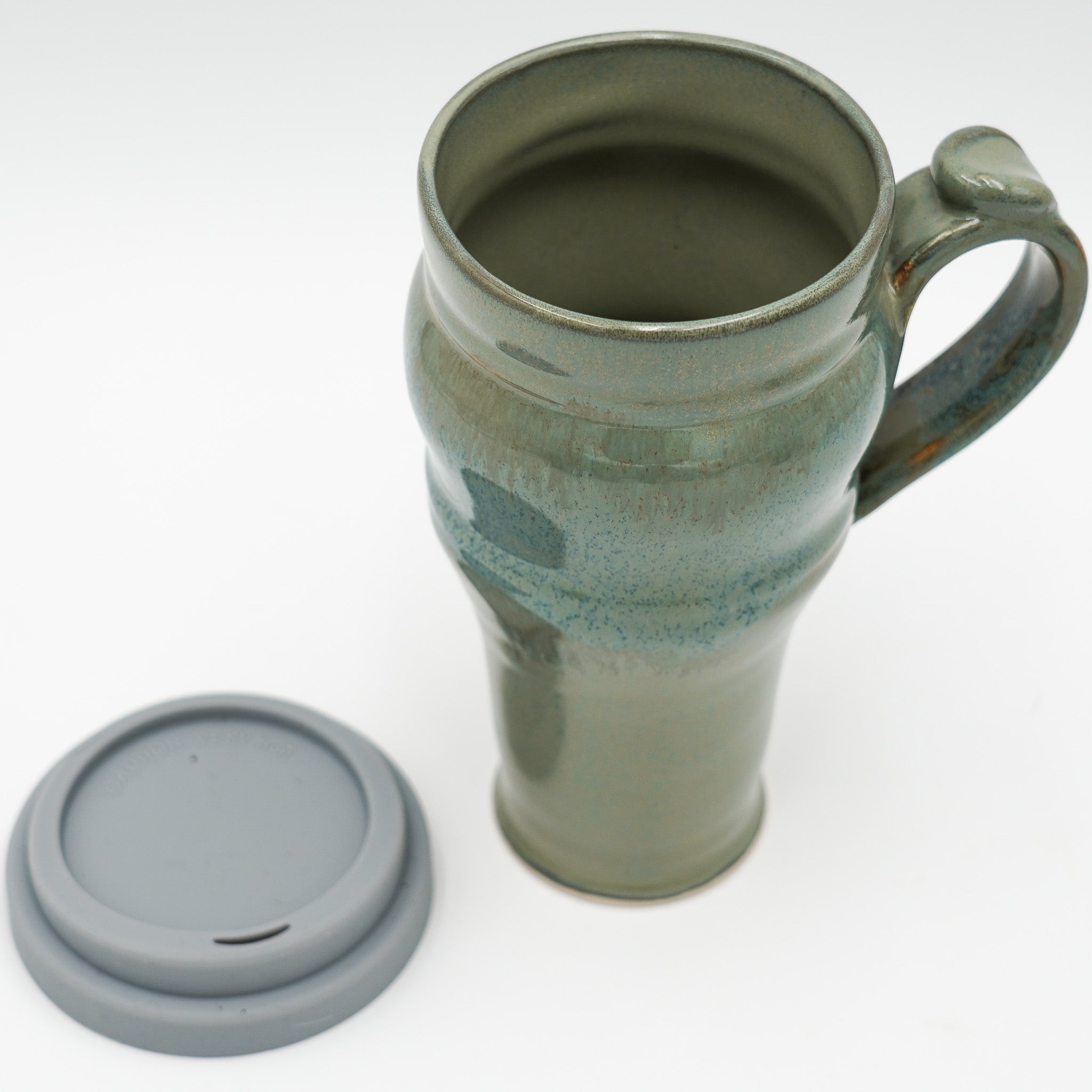 Handmade Pottery Travel Mug: 20 Ounce Ceramic Coffee Mug Lidded and Thumb Buttoned Handle