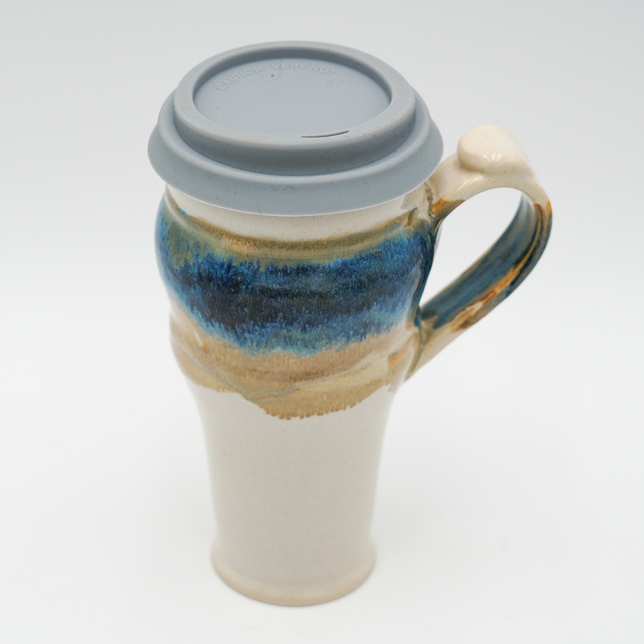 Handmade Pottery Travel Mug: 20 Ounce Ceramic Coffee Mug Lidded and Thumb Buttoned Handle