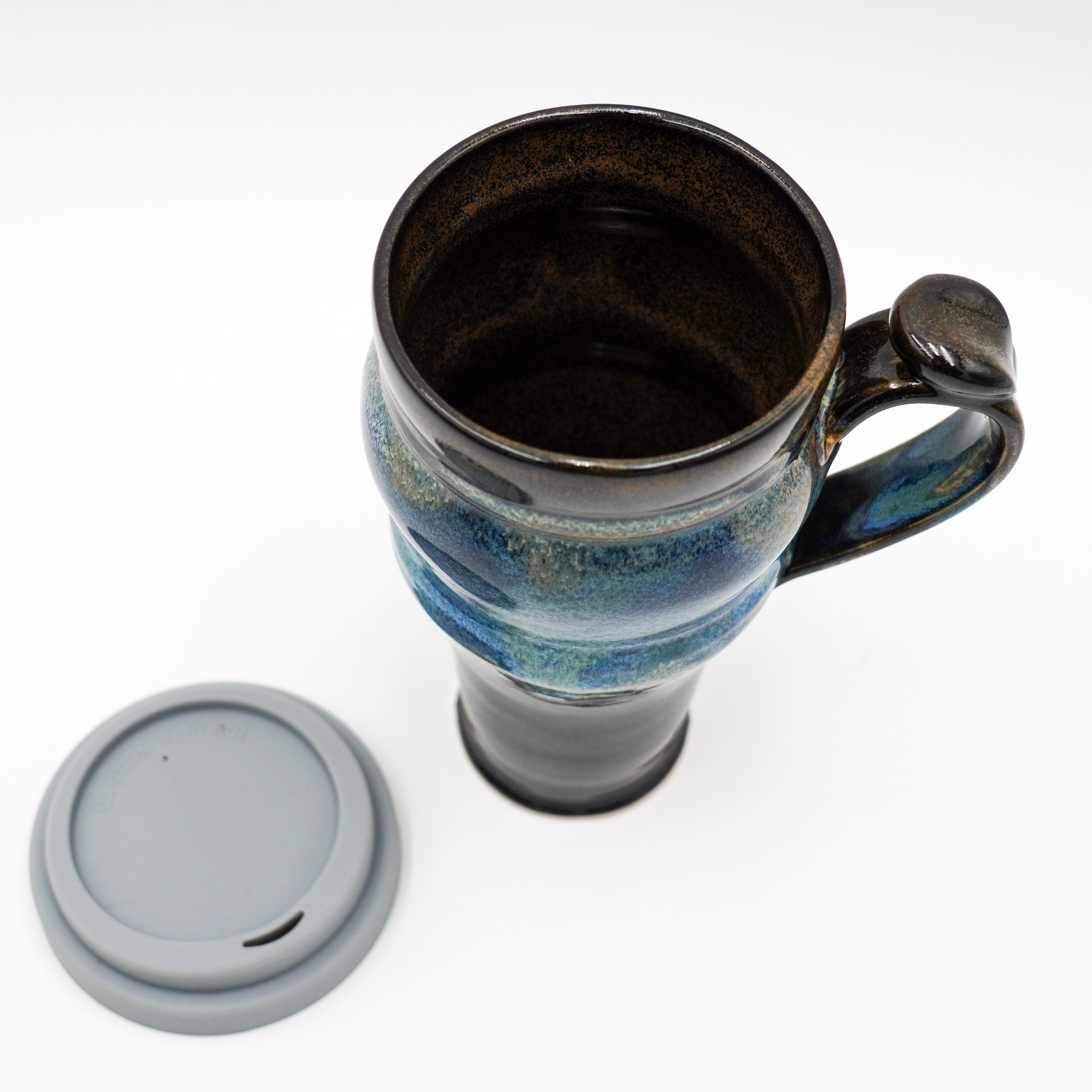 Handmade Pottery Travel Mug: 20 Ounce Ceramic Coffee Mug Lidded and Thumb Buttoned Handle