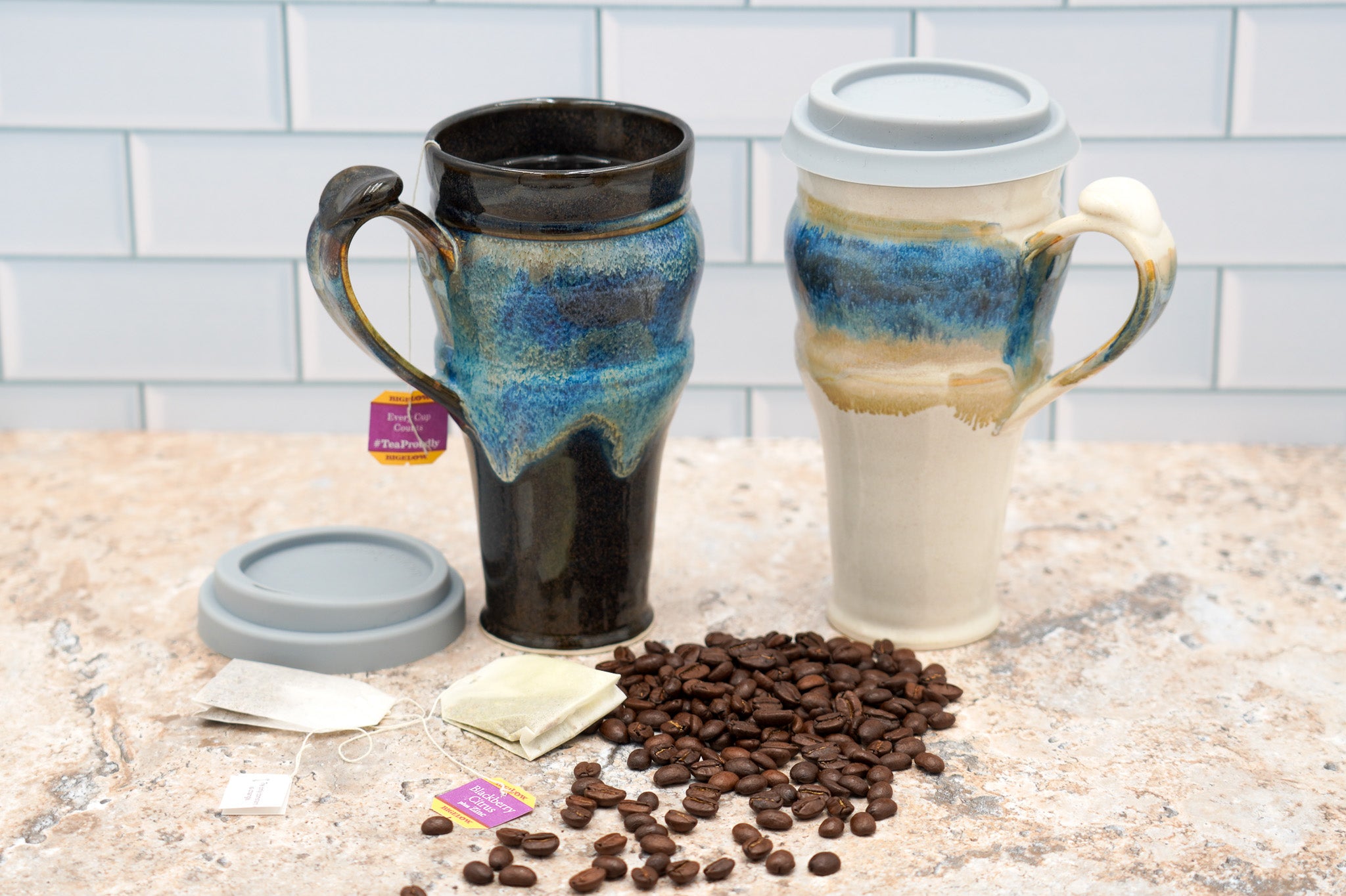 Handmade Pottery Travel Mug: 20 Ounce Ceramic Coffee Mug Lidded and Thumb Buttoned Handle