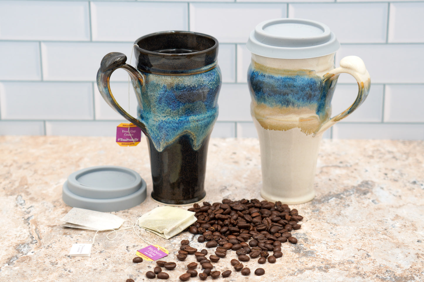 Handmade Pottery Travel Mug: 20 Ounce Ceramic Coffee Mug Lidded and Thumb Buttoned Handle
