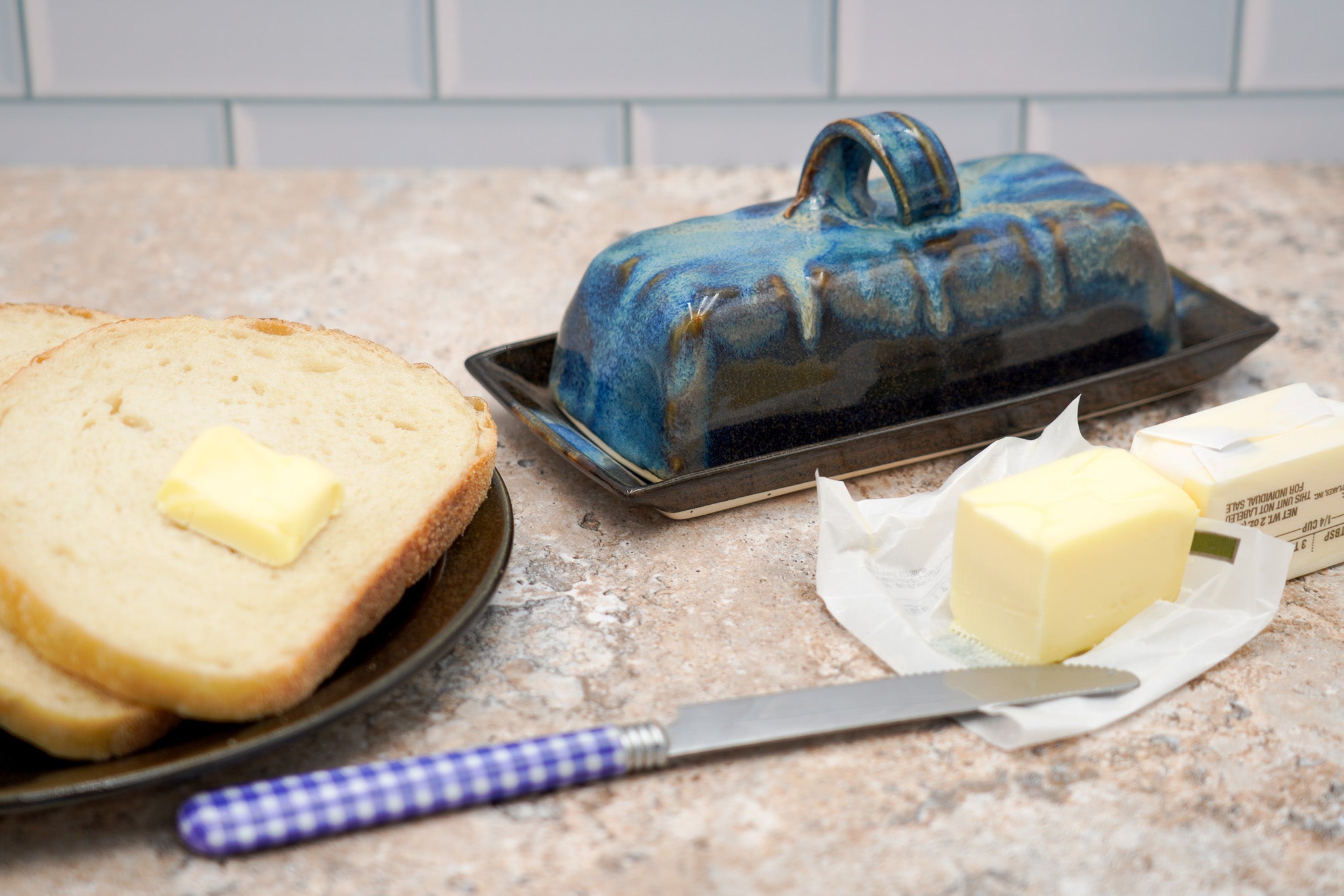 Ceramic Covered Butter Dish: Handmade Pottery with Lid and Handle Glazed to Add Color