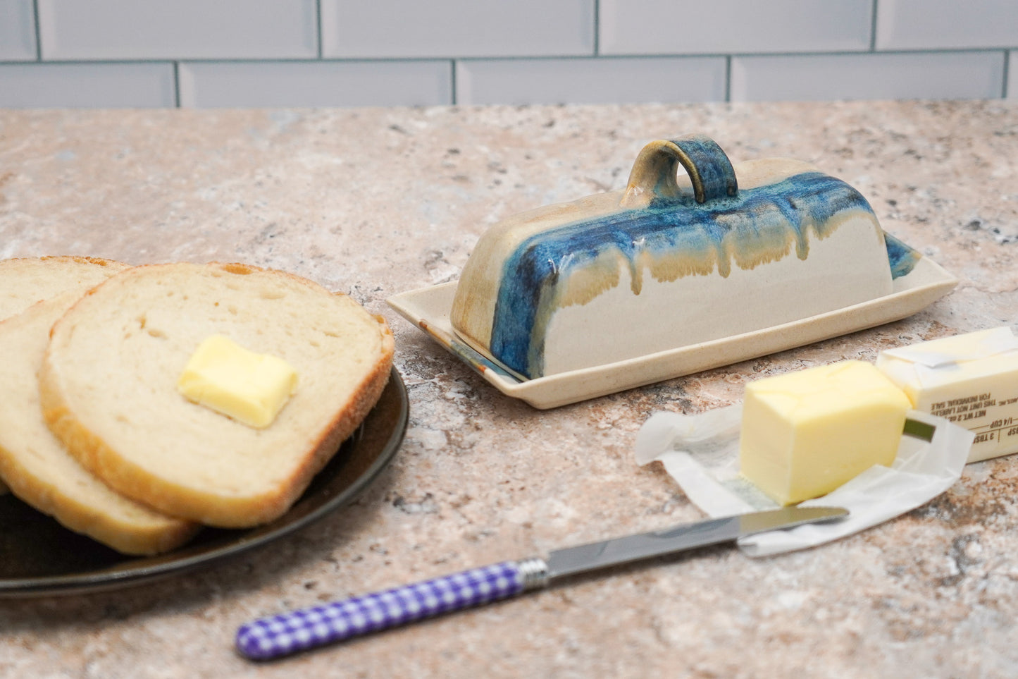 Ceramic Covered Butter Dish: Handmade Pottery with Lid and Handle Glazed to Add Color