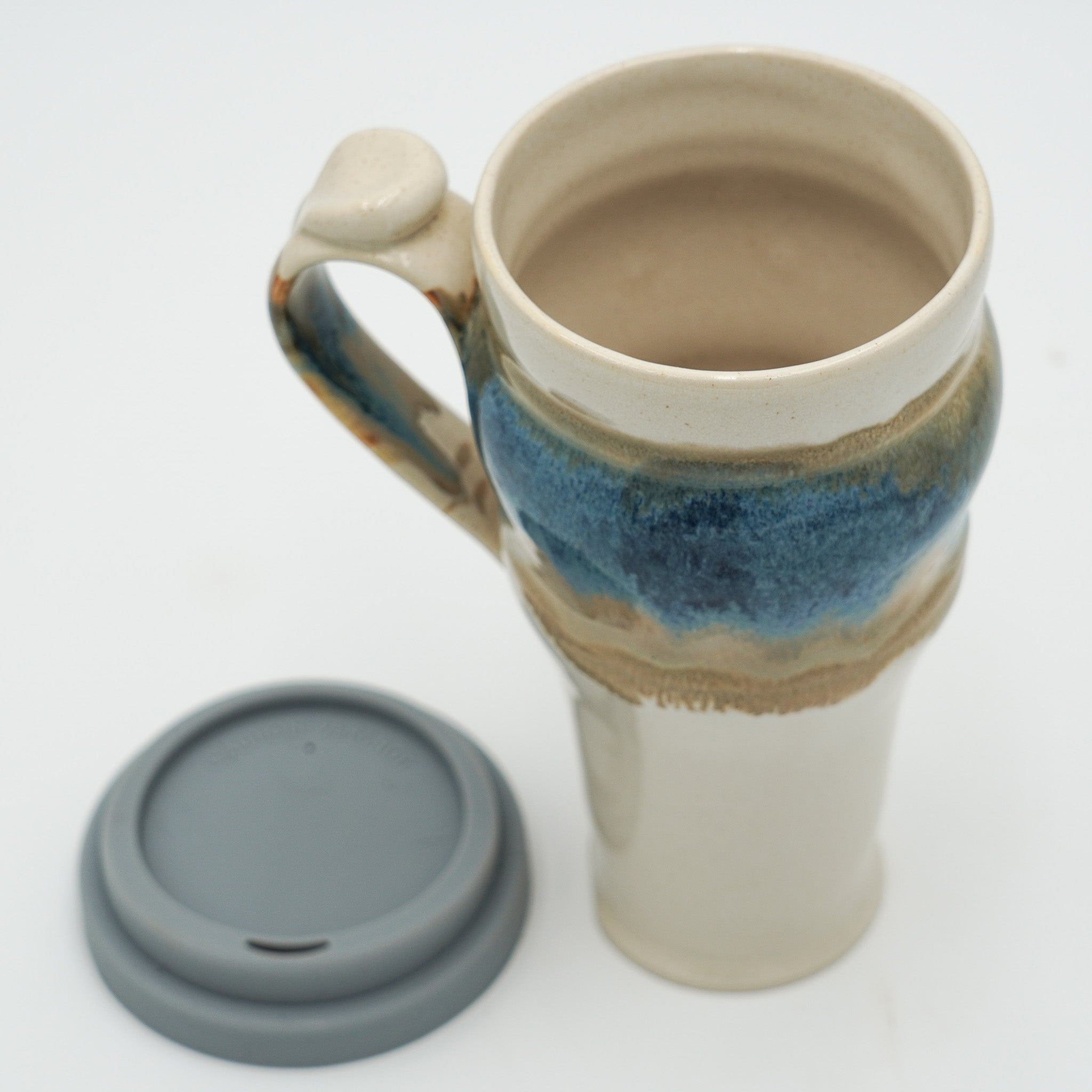 Handmade Pottery Travel Mug: 20 Ounce Ceramic Coffee Mug Lidded and Thumb Buttoned Handle