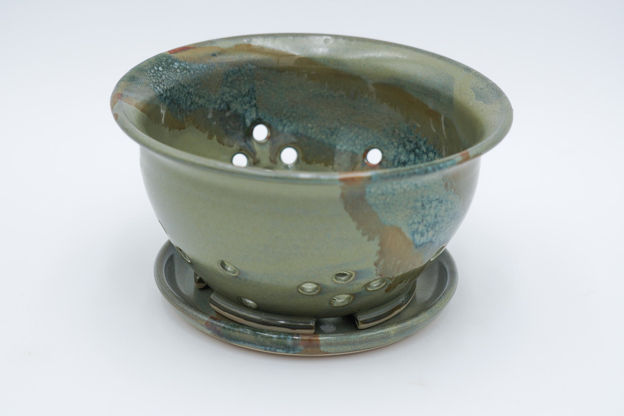 Stoneware Berry Bowl and Saucer: Colorful Glaze Style Wheel Thrown Pottery Colander