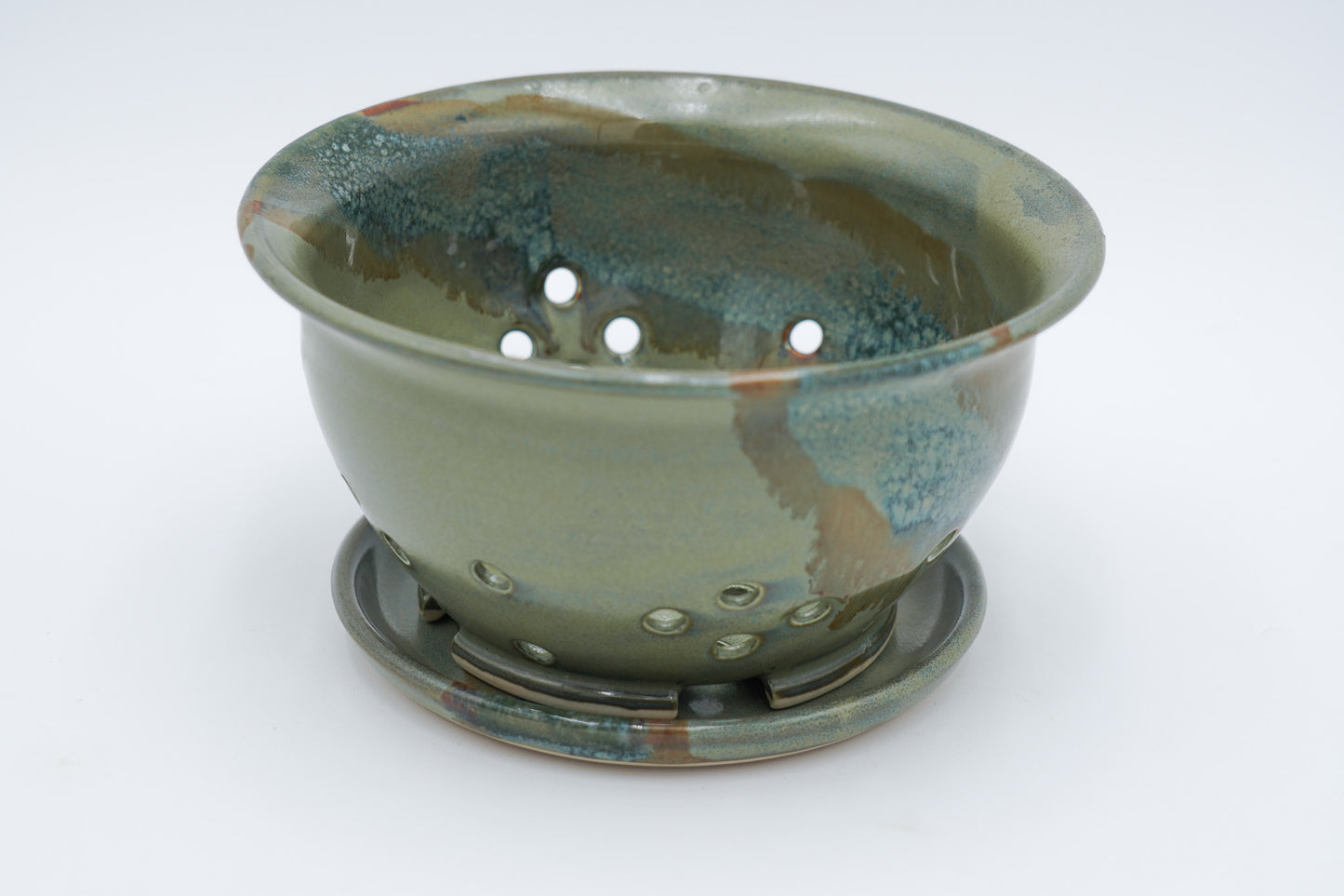 Stoneware Berry Bowl and Saucer: Colorful Glaze Style Wheel Thrown Pottery Colander