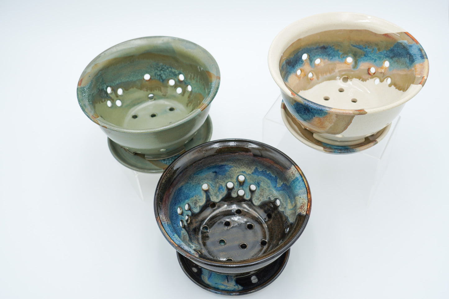 Stoneware Berry Bowl and Saucer: Colorful Glaze Style Wheel Thrown Pottery Colander