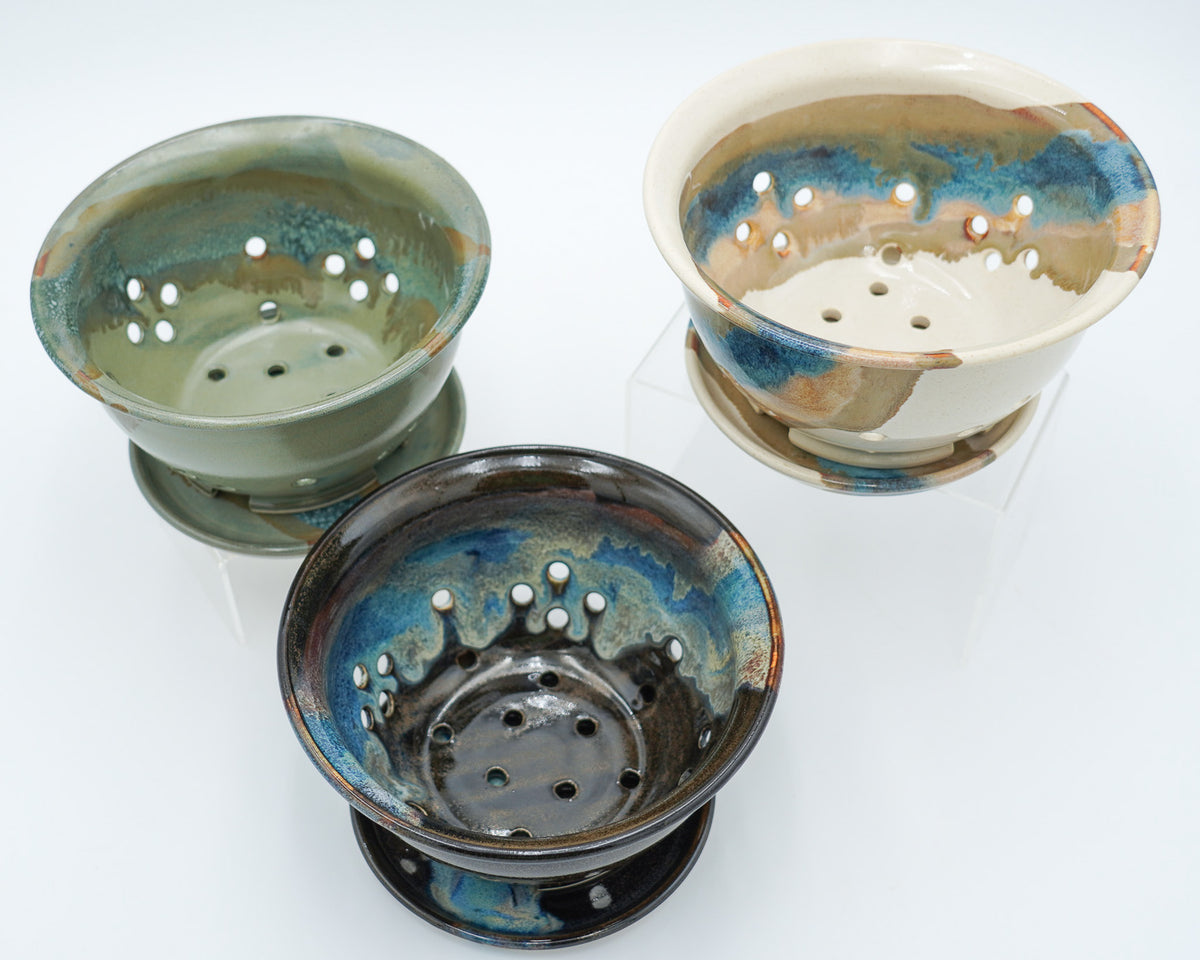 Stoneware Berry Bowl and Saucer: Colorful Glaze Style Wheel Thrown Pottery Colander