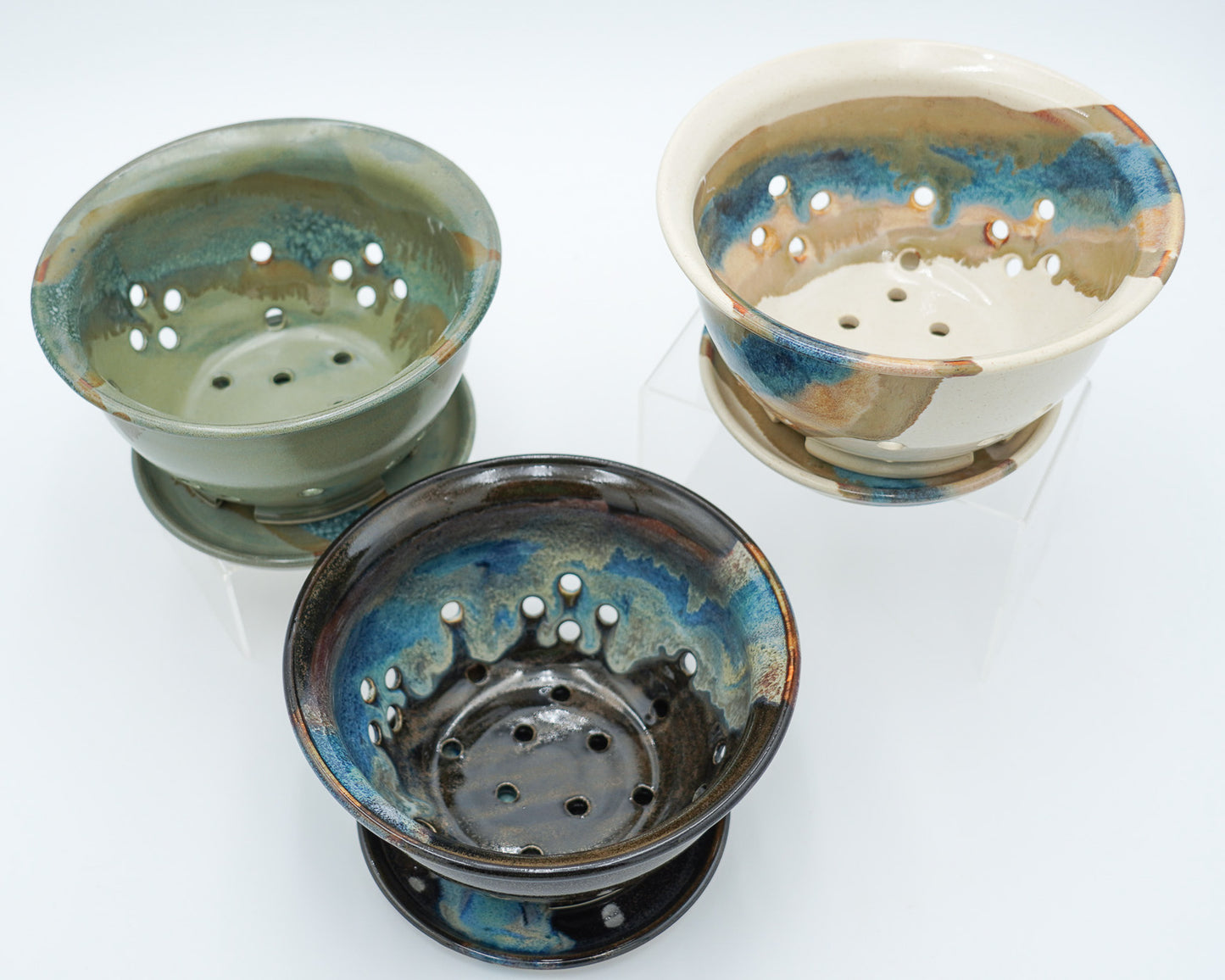 Stoneware Berry Bowl and Saucer: Colorful Glaze Style Wheel Thrown Pottery Colander