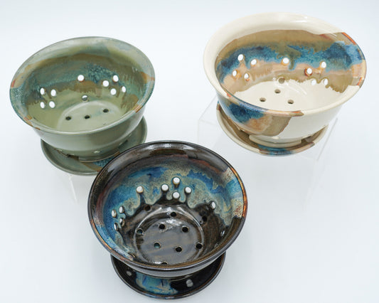 Stoneware Berry Bowl and Saucer: Colorful Glaze Style Wheel Thrown Pottery Colander