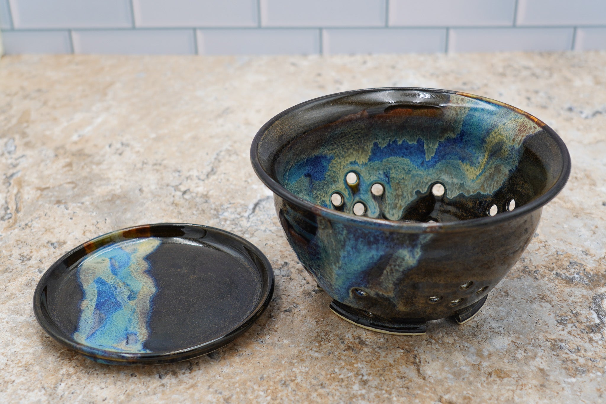 Stoneware Berry Bowl and Saucer: Colorful Glaze Style Wheel Thrown Pottery Colander