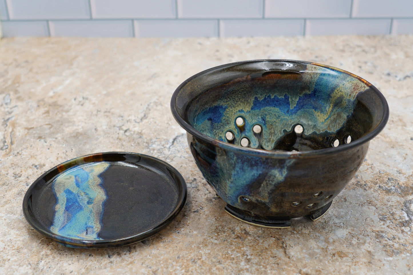 Stoneware Berry Bowl and Saucer: Colorful Glaze Style Wheel Thrown Pottery Colander