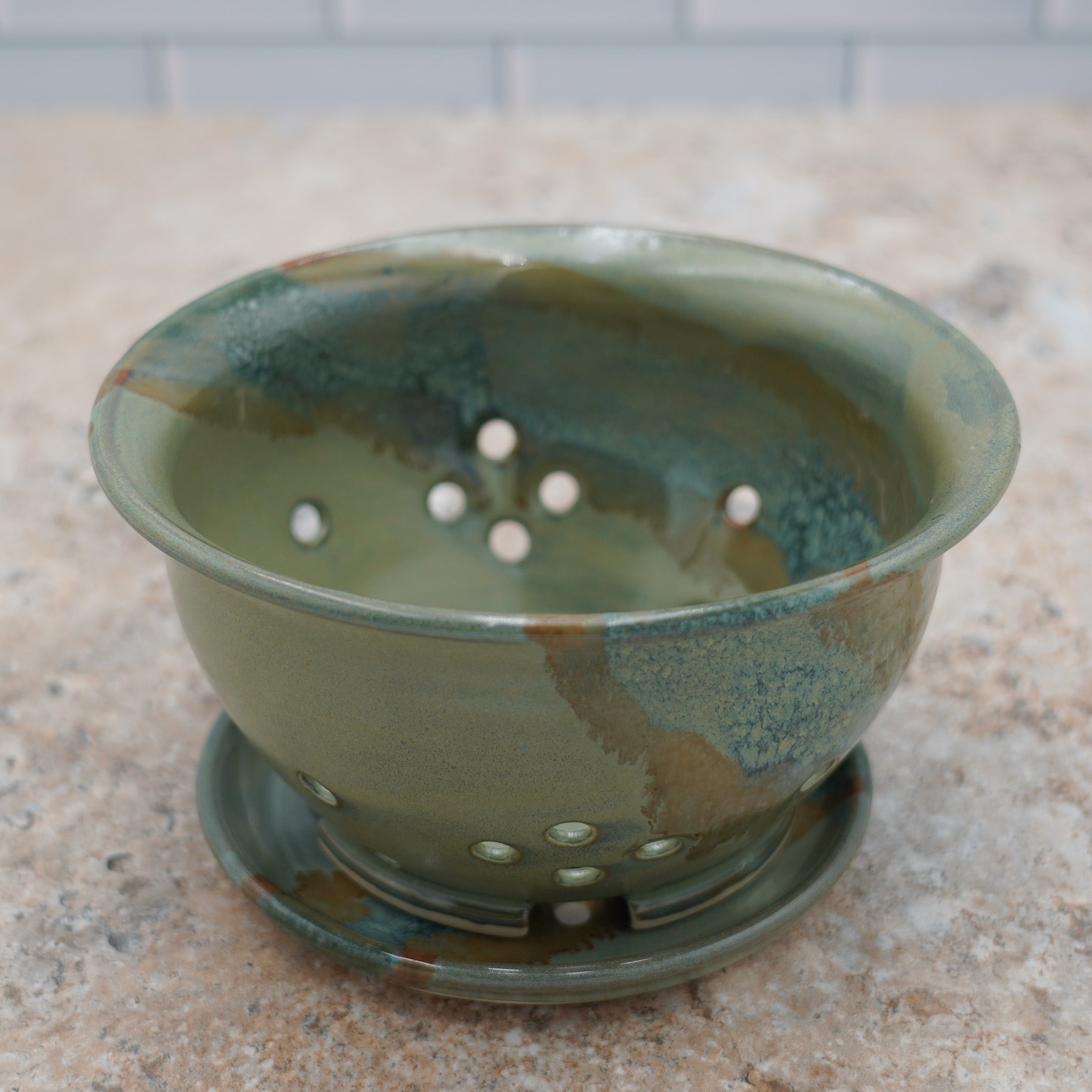 Stoneware Berry Bowl and Saucer: Colorful Glaze Style Wheel Thrown Pottery Colander