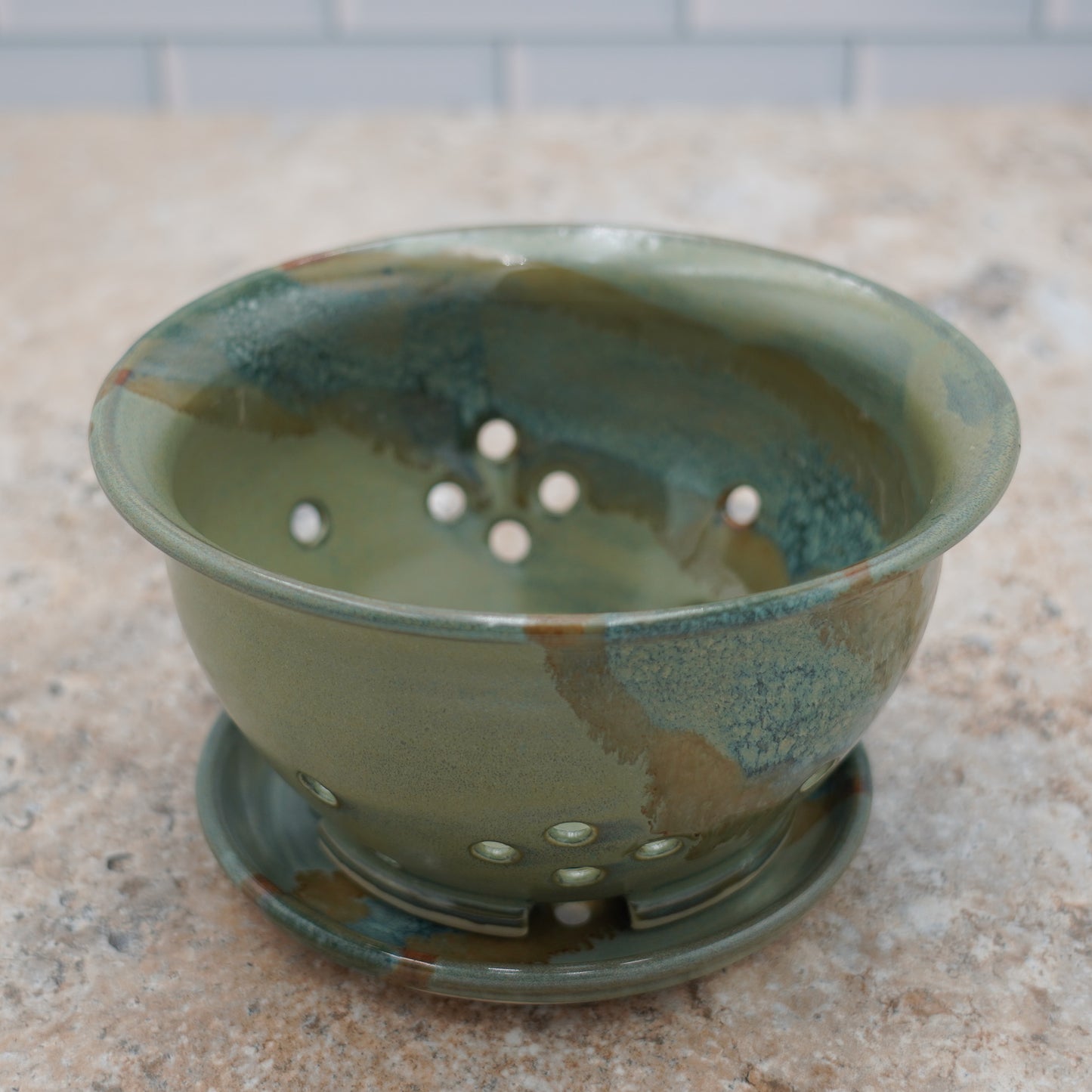 Stoneware Berry Bowl and Saucer: Colorful Glaze Style Wheel Thrown Pottery Colander