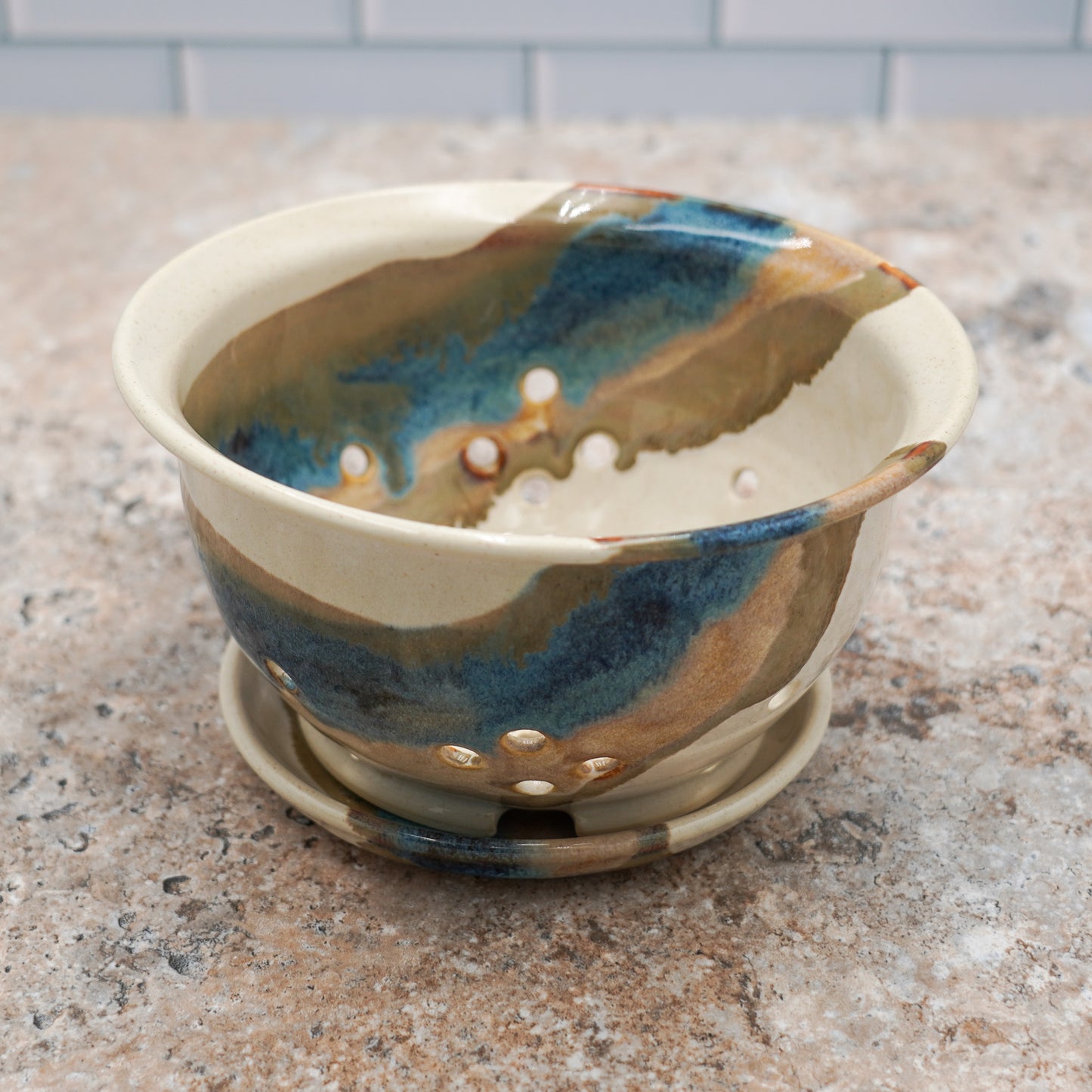Stoneware Berry Bowl and Saucer: Colorful Glaze Style Wheel Thrown Pottery Colander