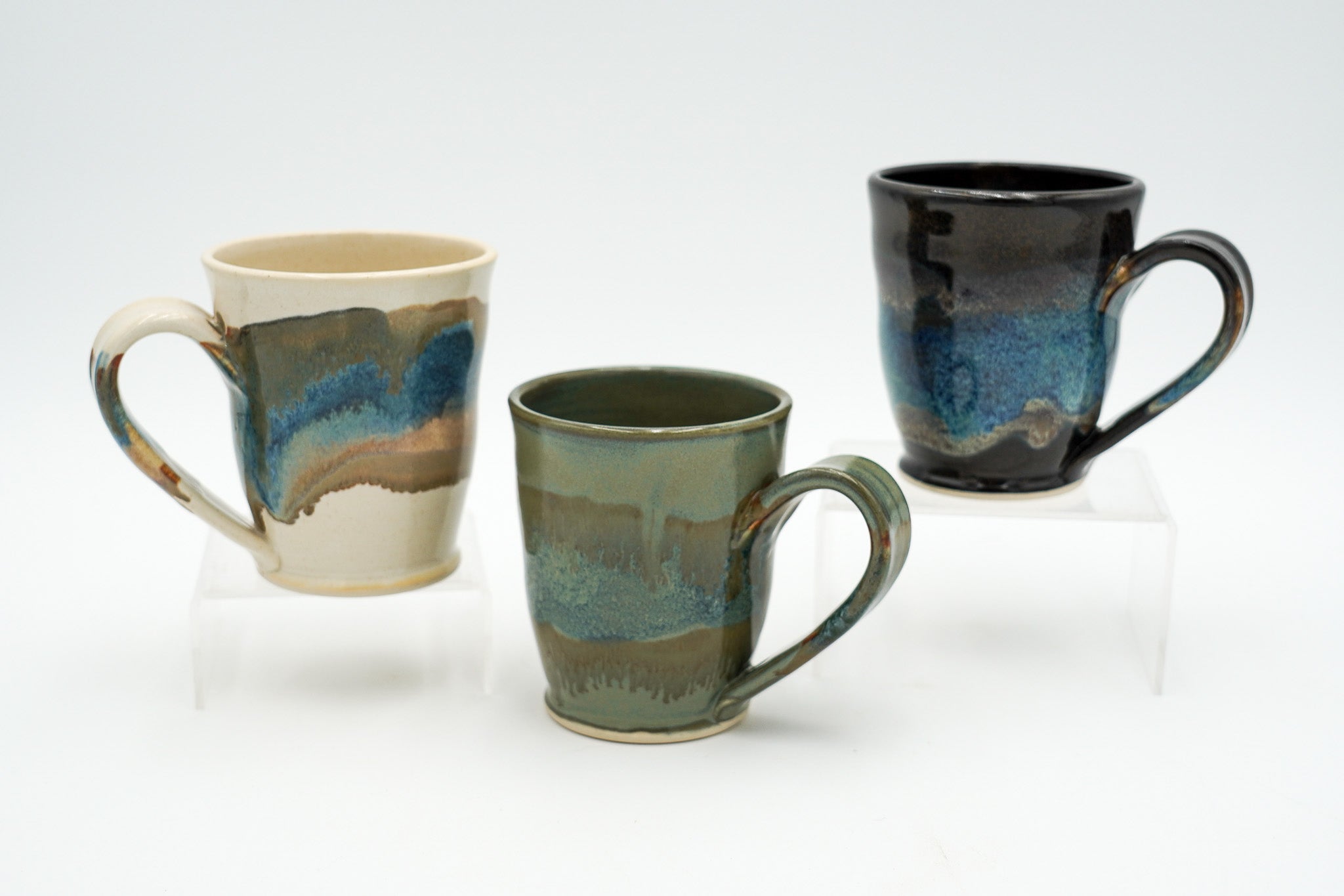 8 oz Small Pottery Mug: Stoneware Coffee Cup with Pulled Handle and Colorful Glazing