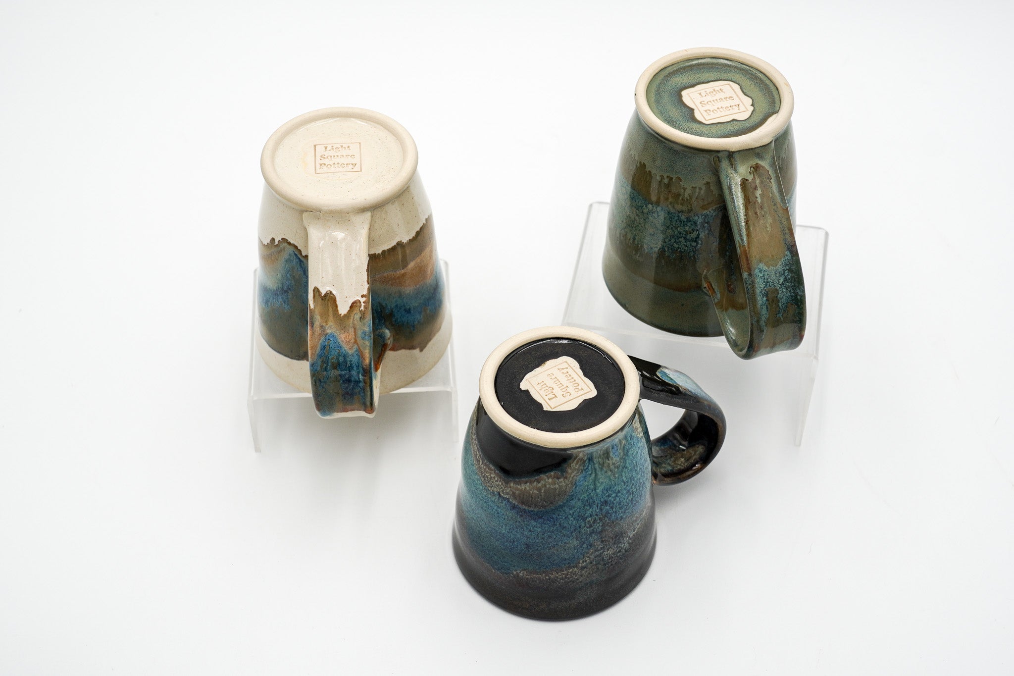 8 oz Small Pottery Mug: Stoneware Coffee Cup with Pulled Handle and Colorful Glazing