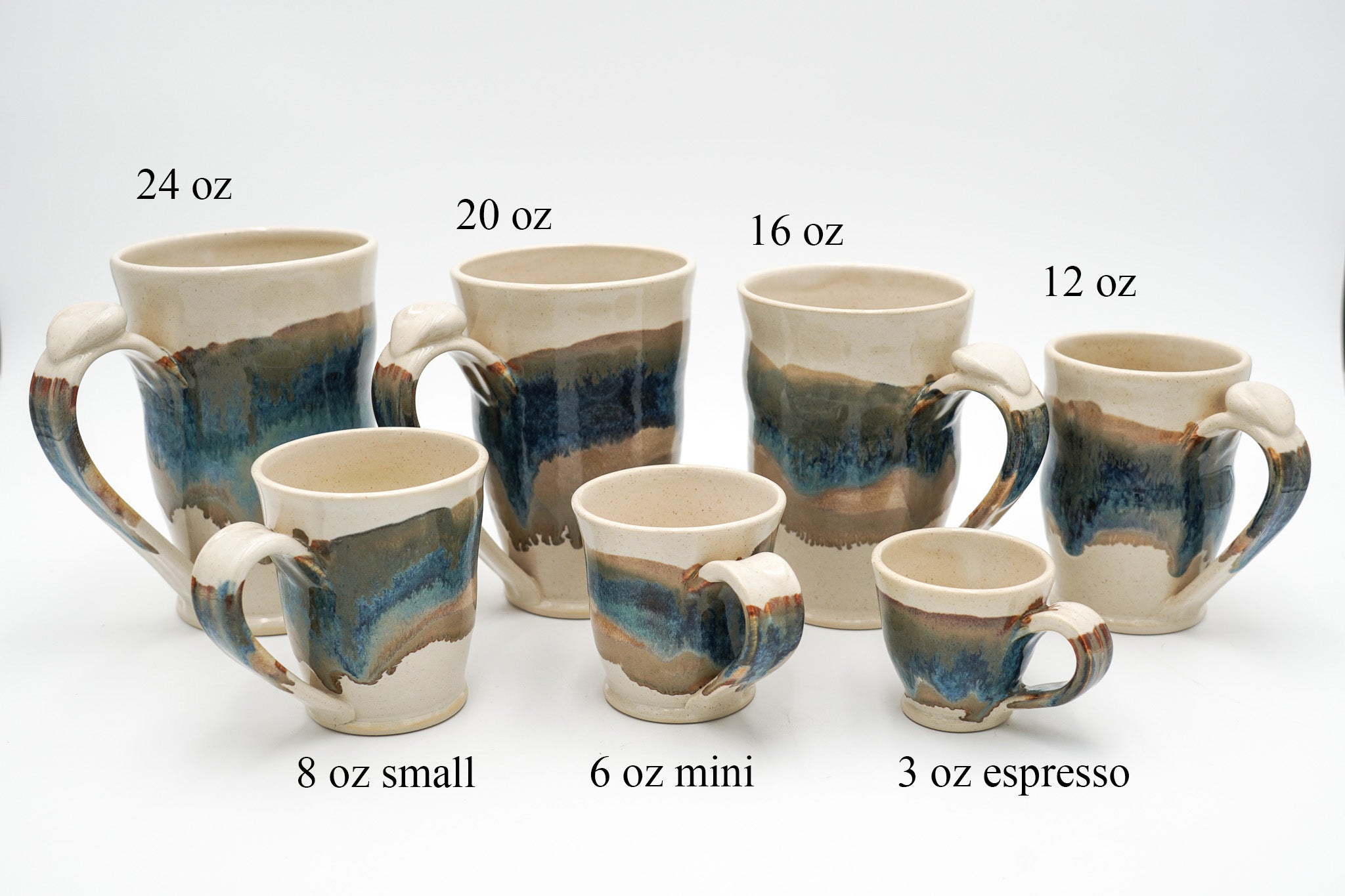 8 oz Small Pottery Mug: Stoneware Coffee Cup with Pulled Handle and Colorful Glazing