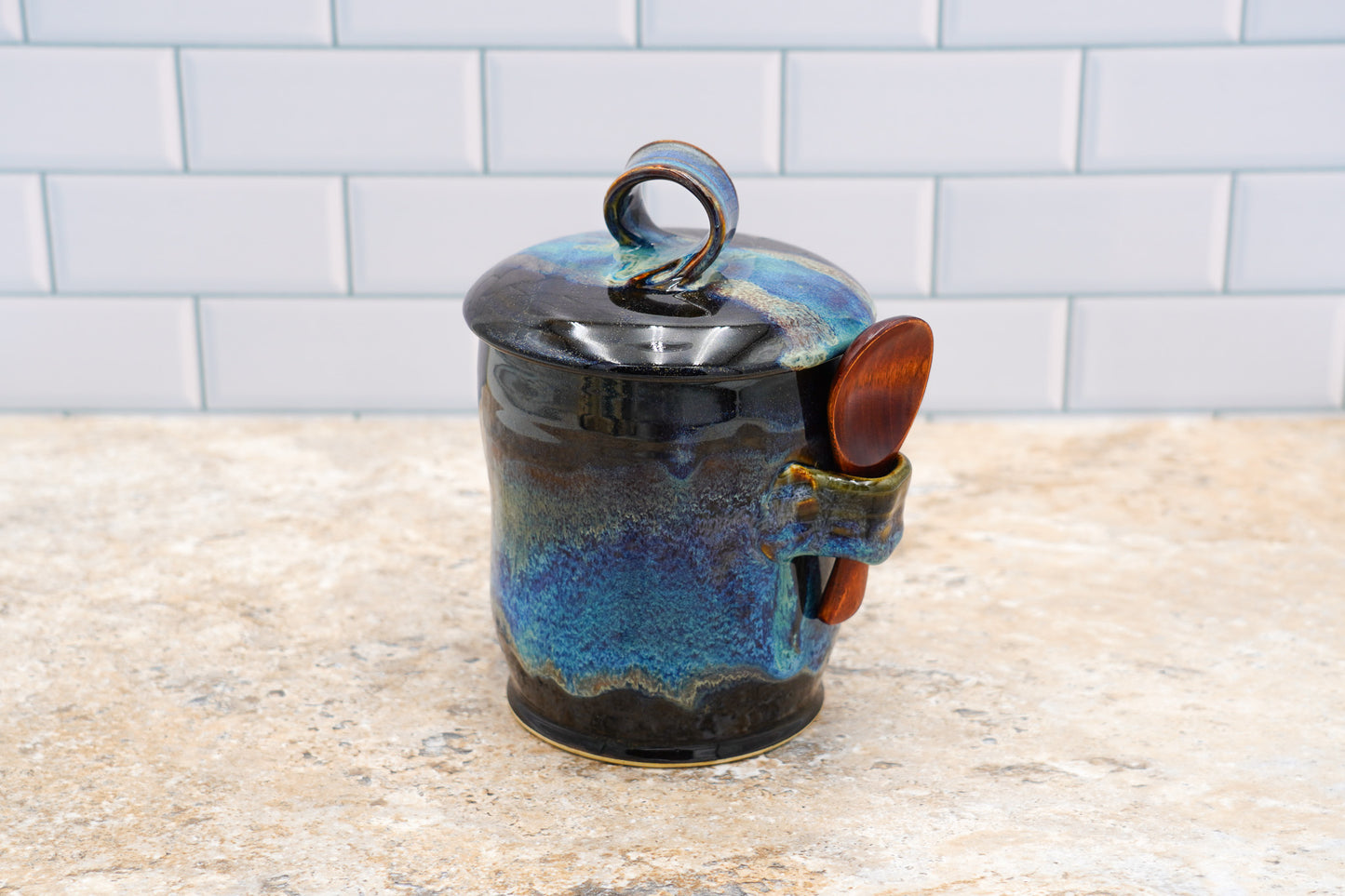 Stoneware Coffee Canister Wheel Thrown with Lid - Spoon Included