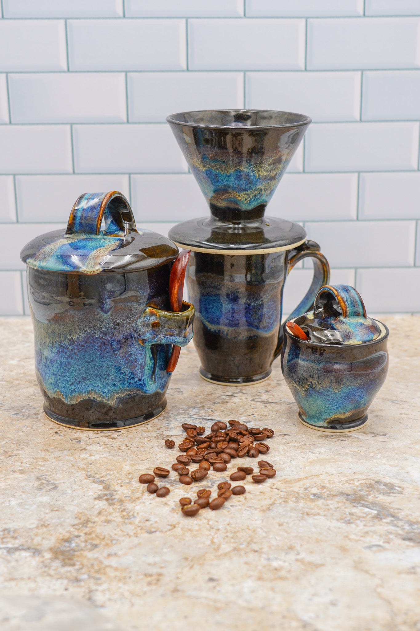 Stoneware Coffee Canister Wheel Thrown with Lid - Spoon Included