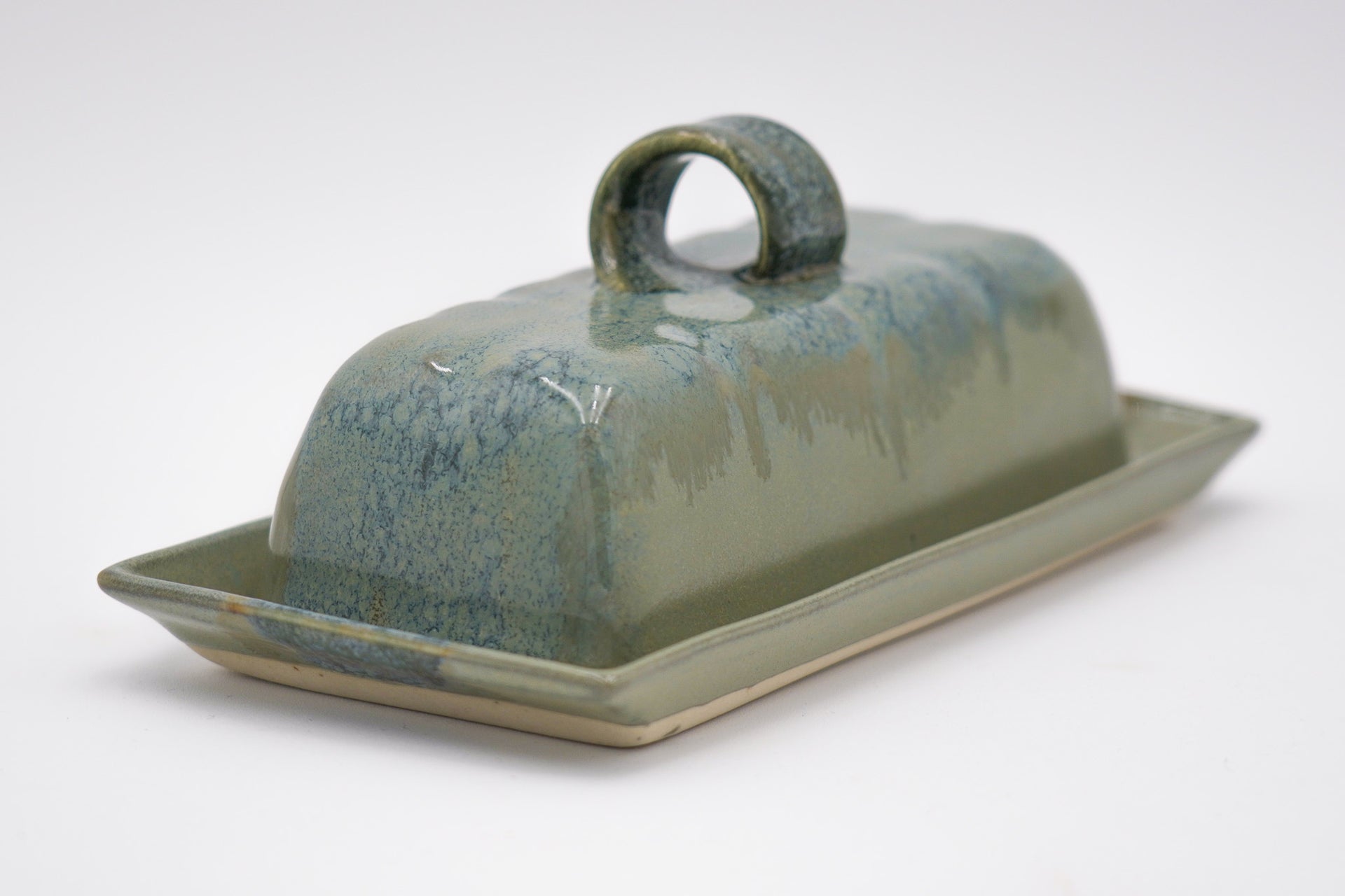 Ceramic Covered Butter Dish: Handmade - Green